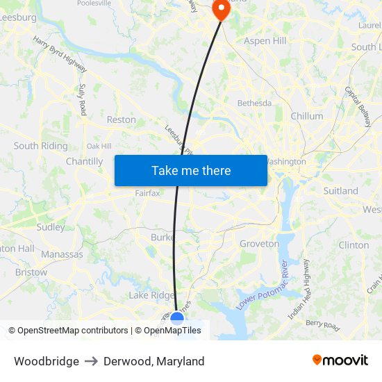 Woodbridge to Derwood, Maryland map
