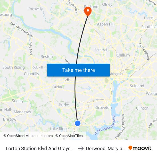 Lorton Station Blvd And Graysons to Derwood, Maryland map