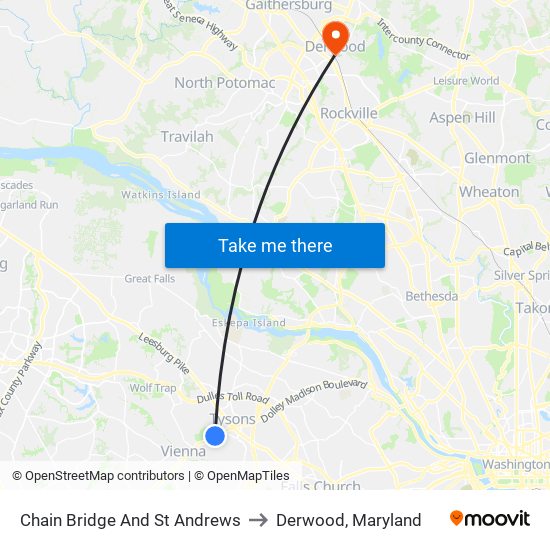 Chain Bridge And St Andrews to Derwood, Maryland map