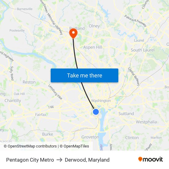 Pentagon City Metro to Derwood, Maryland map