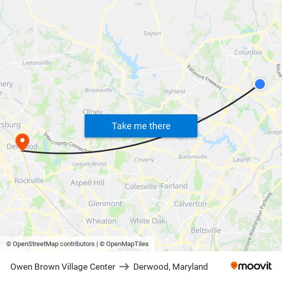 Owen Brown Village Center to Derwood, Maryland map