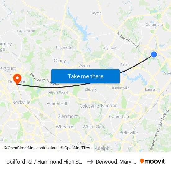 Guilford Rd / Hammond High School to Derwood, Maryland map