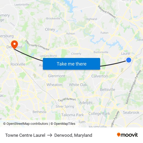 Towne Centre Laurel to Derwood, Maryland map