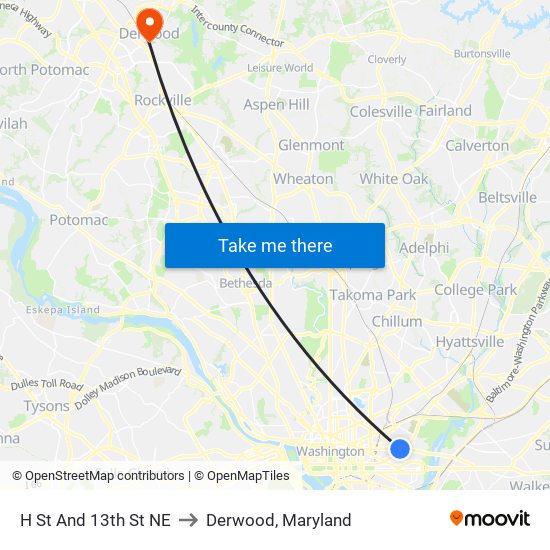 H St And 13th St NE to Derwood, Maryland map