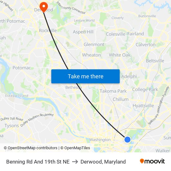 Benning Rd And 19th St NE to Derwood, Maryland map