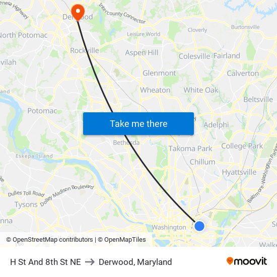 H St And 8th St NE to Derwood, Maryland map