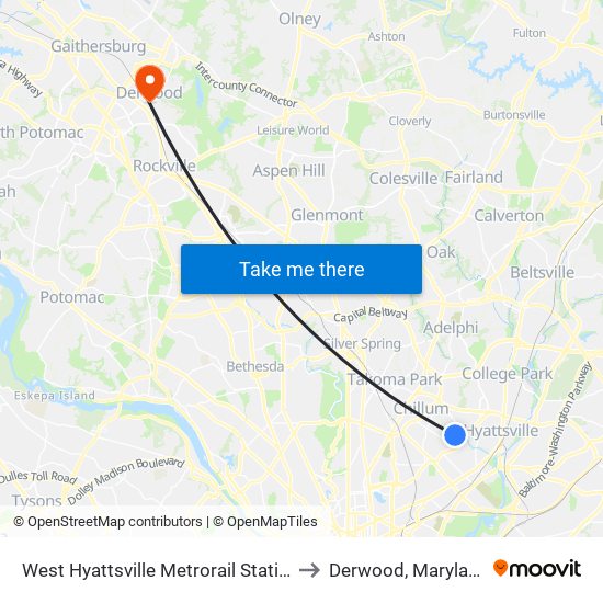 West Hyattsville Metrorail Station to Derwood, Maryland map
