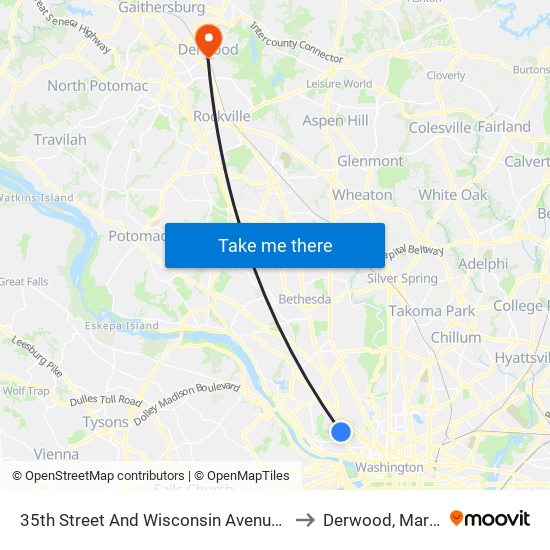 35th Street And Wisconsin Avenue NW (Sb) to Derwood, Maryland map