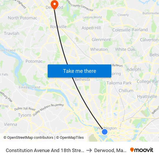 Constitution Avenue And 18th Street NW (Eb) to Derwood, Maryland map