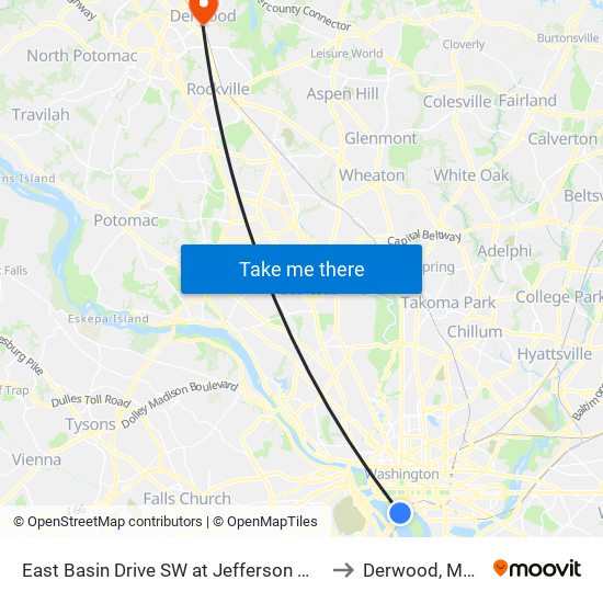 East Basin Drive SW at Jefferson Memorial (Wb) to Derwood, Maryland map