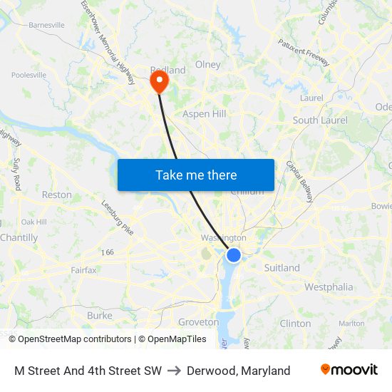 M Street And 4th Street SW to Derwood, Maryland map