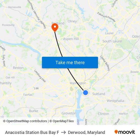 Anacostia Station Bus Bay F to Derwood, Maryland map