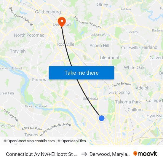 Connecticut Av Nw+Ellicott St NW to Derwood, Maryland map