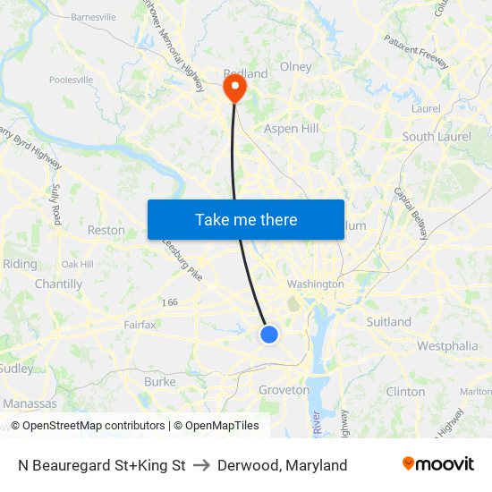 N Beauregard St+King St to Derwood, Maryland map