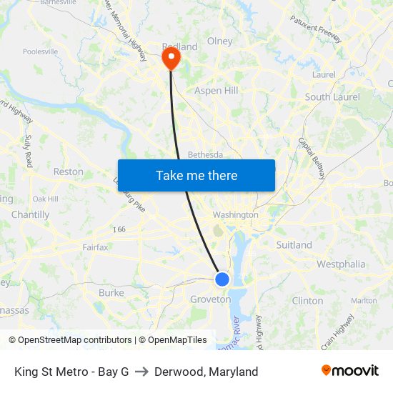 King St Metro - Bay G to Derwood, Maryland map