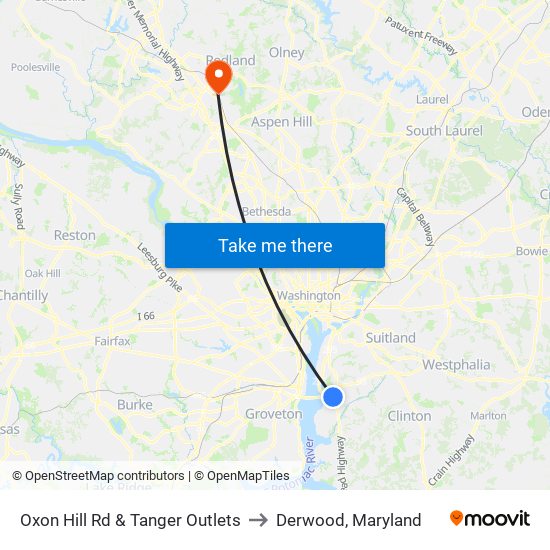 Oxon Hill Rd & Tanger Outlets to Derwood, Maryland map