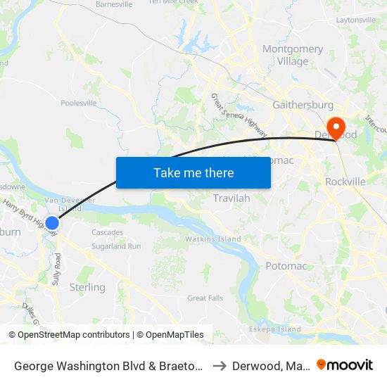 George Washington Blvd & Braeton Bay Terrace to Derwood, Maryland map