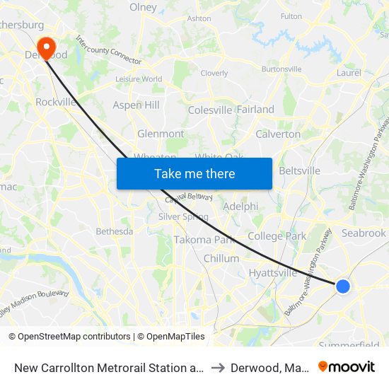 New Carrollton Metrorail Station at Bus Bay F to Derwood, Maryland map