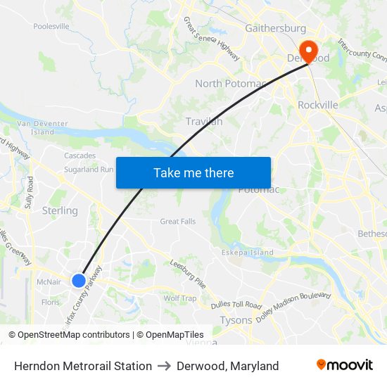 Herndon Metrorail Station to Derwood, Maryland map
