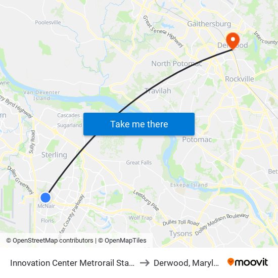 Innovation Center Metrorail Station to Derwood, Maryland map