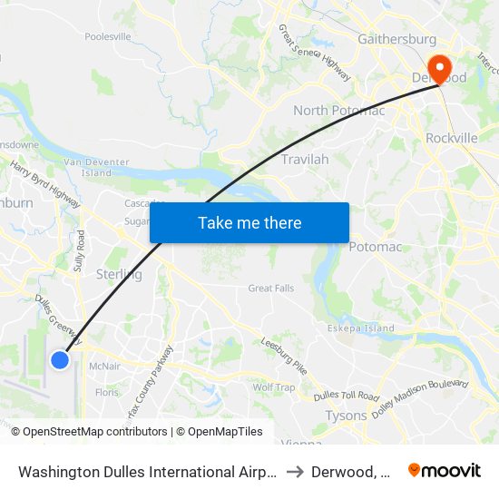 Washington Dulles International Airport Metrorail Station to Derwood, Maryland map
