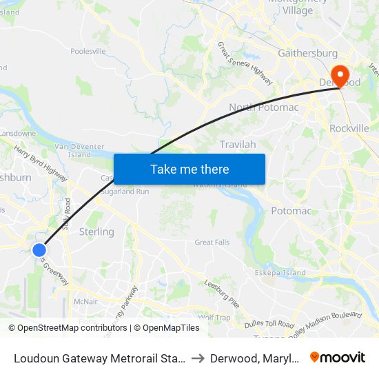 Loudoun Gateway Metrorail Station to Derwood, Maryland map