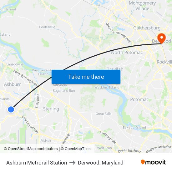 Ashburn Metrorail Station to Derwood, Maryland map