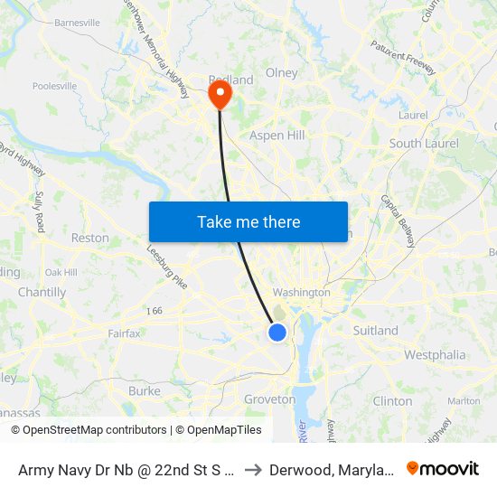 Army Navy Dr Nb @ 22nd St S FS to Derwood, Maryland map