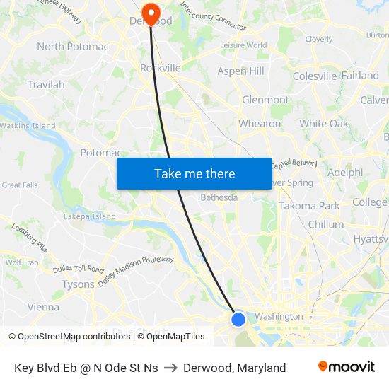 Key Blvd Eb @ N Ode St Ns to Derwood, Maryland map