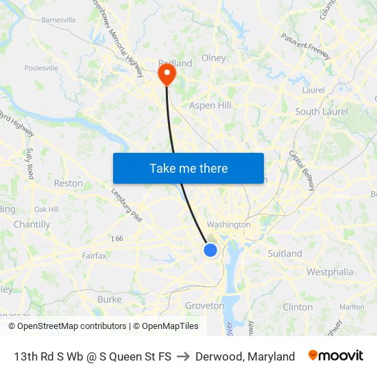 13th Rd S Wb @ S Queen St FS to Derwood, Maryland map