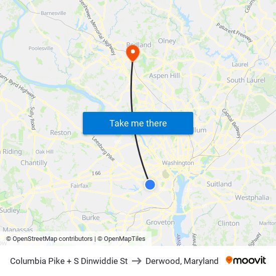 Columbia Pike + S Dinwiddie St to Derwood, Maryland map