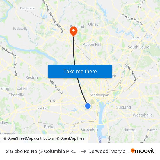 S Glebe Rd Nb @ Columbia Pike FS to Derwood, Maryland map