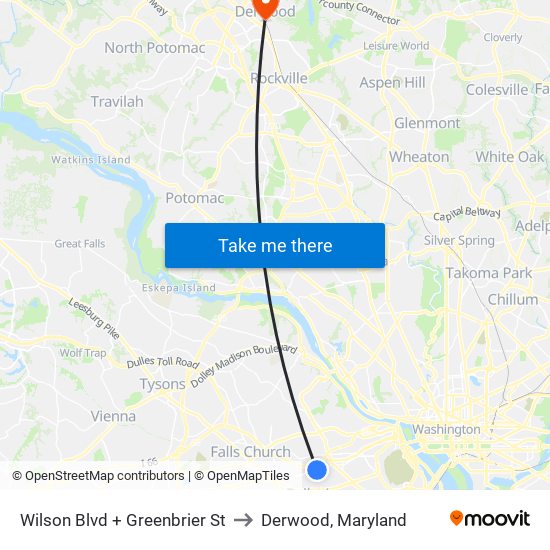 Wilson Blvd + Greenbrier St to Derwood, Maryland map