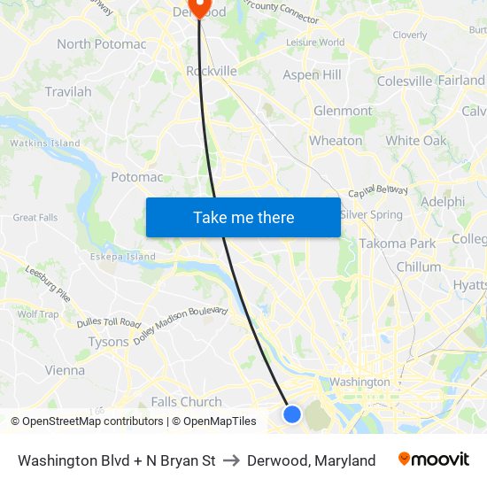 Washington Blvd + N Bryan St to Derwood, Maryland map