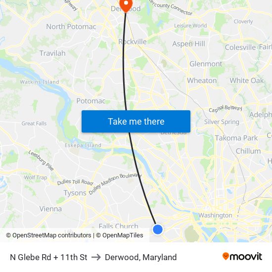 N Glebe Rd + 11th St to Derwood, Maryland map