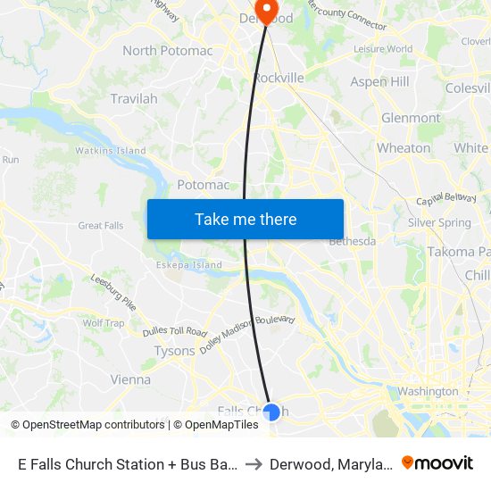 E Falls Church Station + Bus Bay D to Derwood, Maryland map