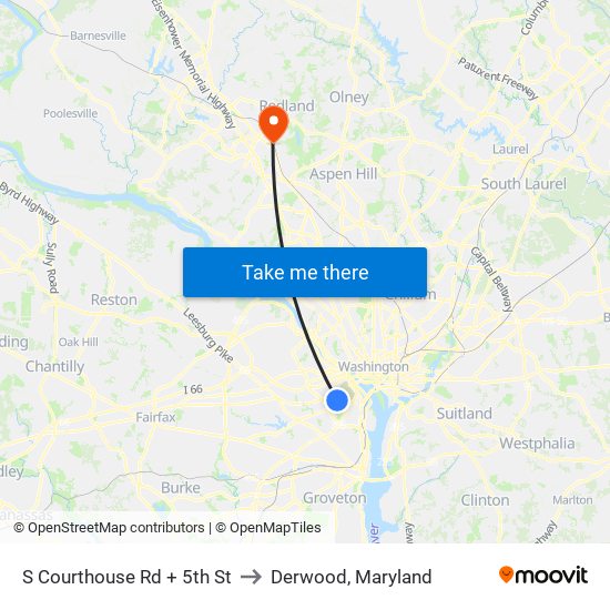 S Courthouse Rd + 5th St to Derwood, Maryland map