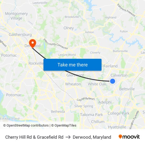 Cherry Hill Rd & Gracefield Rd to Derwood, Maryland map