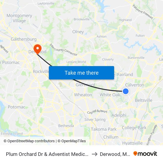 Plum Orchard Dr & Adventist Medical Cen White Oak to Derwood, Maryland map