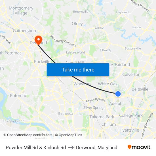 Powder Mill Rd & Kinloch Rd to Derwood, Maryland map