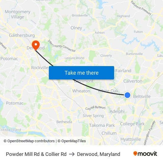 Powder Mill Rd & Collier Rd to Derwood, Maryland map