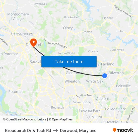 Broadbirch Dr & Tech Rd to Derwood, Maryland map