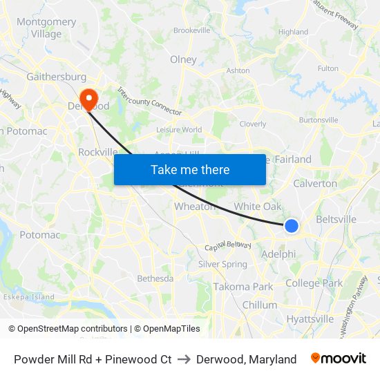 Powder Mill Rd + Pinewood Ct to Derwood, Maryland map