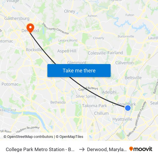 College Park Metro Station - Bay D to Derwood, Maryland map