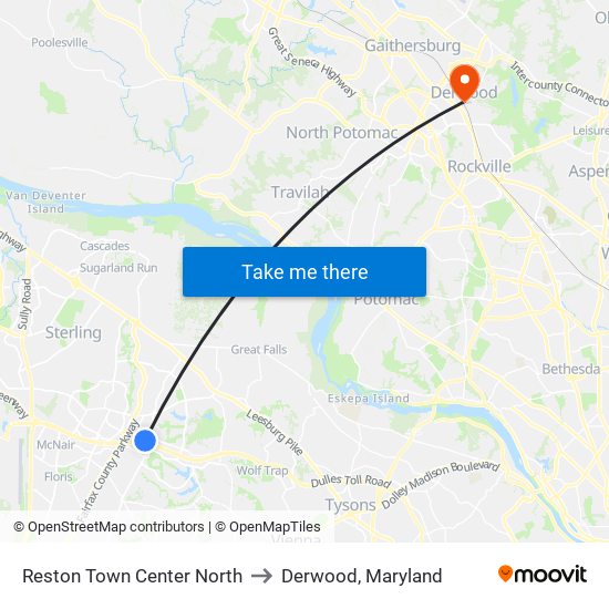 Reston Town Center North to Derwood, Maryland map