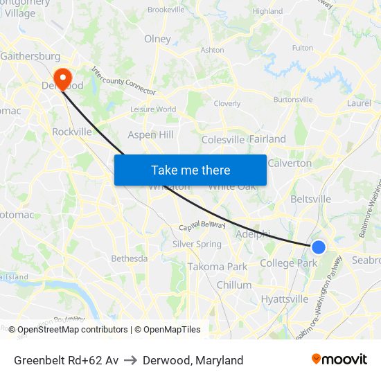 Greenbelt Rd+62 Av to Derwood, Maryland map