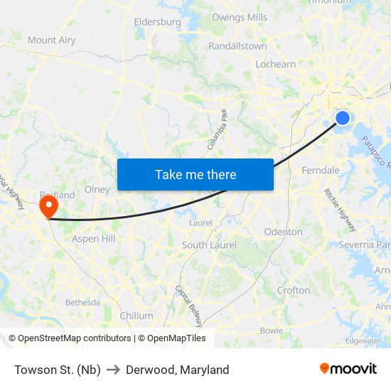 Towson St. (Nb) to Derwood, Maryland map