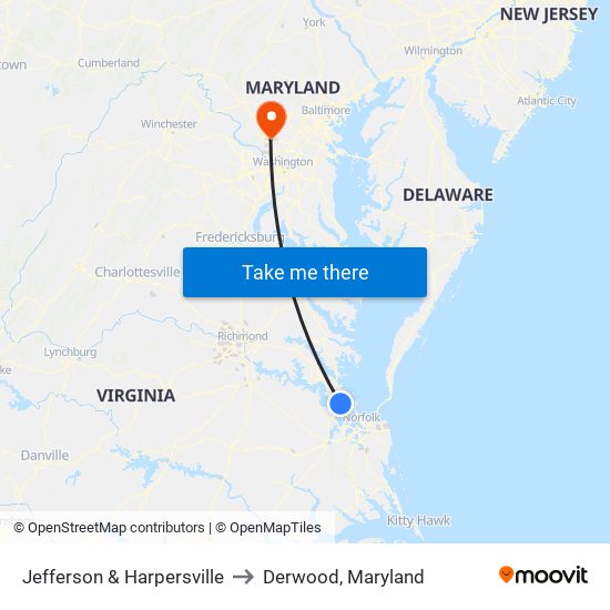 Jefferson & Harpersville to Derwood, Maryland map