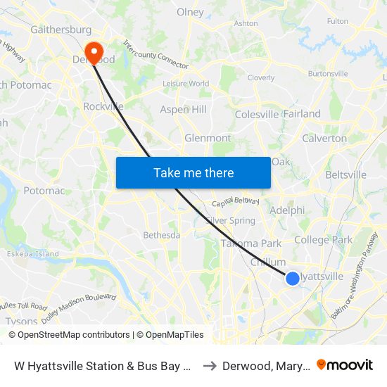 W Hyattsville Station & Bus Bay A, D, E, F to Derwood, Maryland map