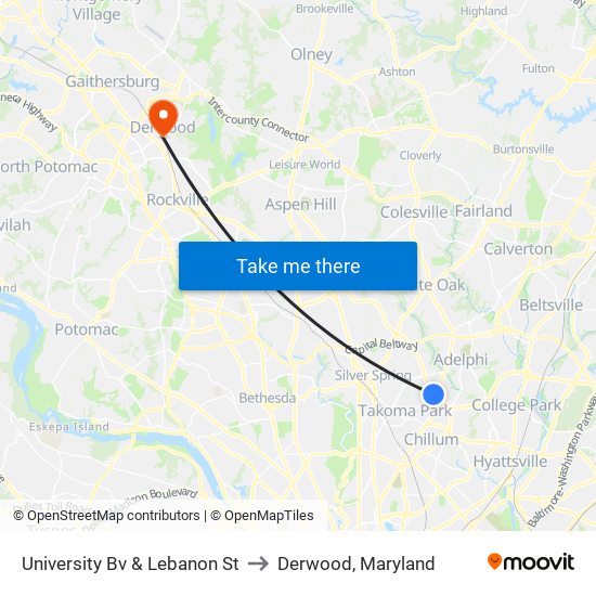 University Bv & Lebanon St to Derwood, Maryland map